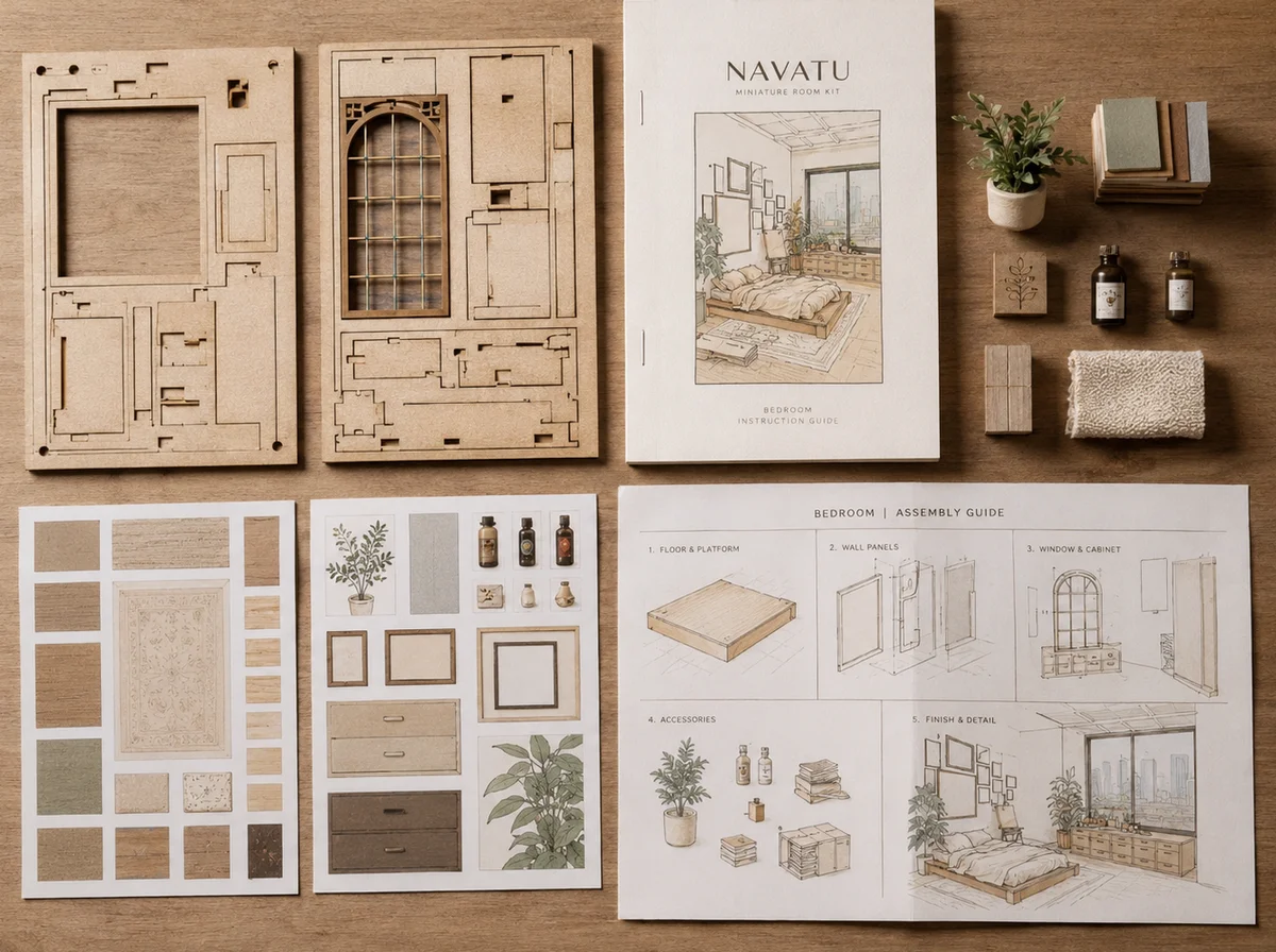 Navatu miniature room kit components with laser cut plywood sheets, printed details and assembly guide